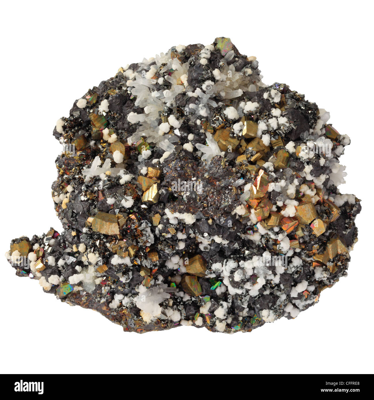 Minerale di sfalerite, pirite di ferro, calcite e quarzo dalle Ande. Foto Stock
