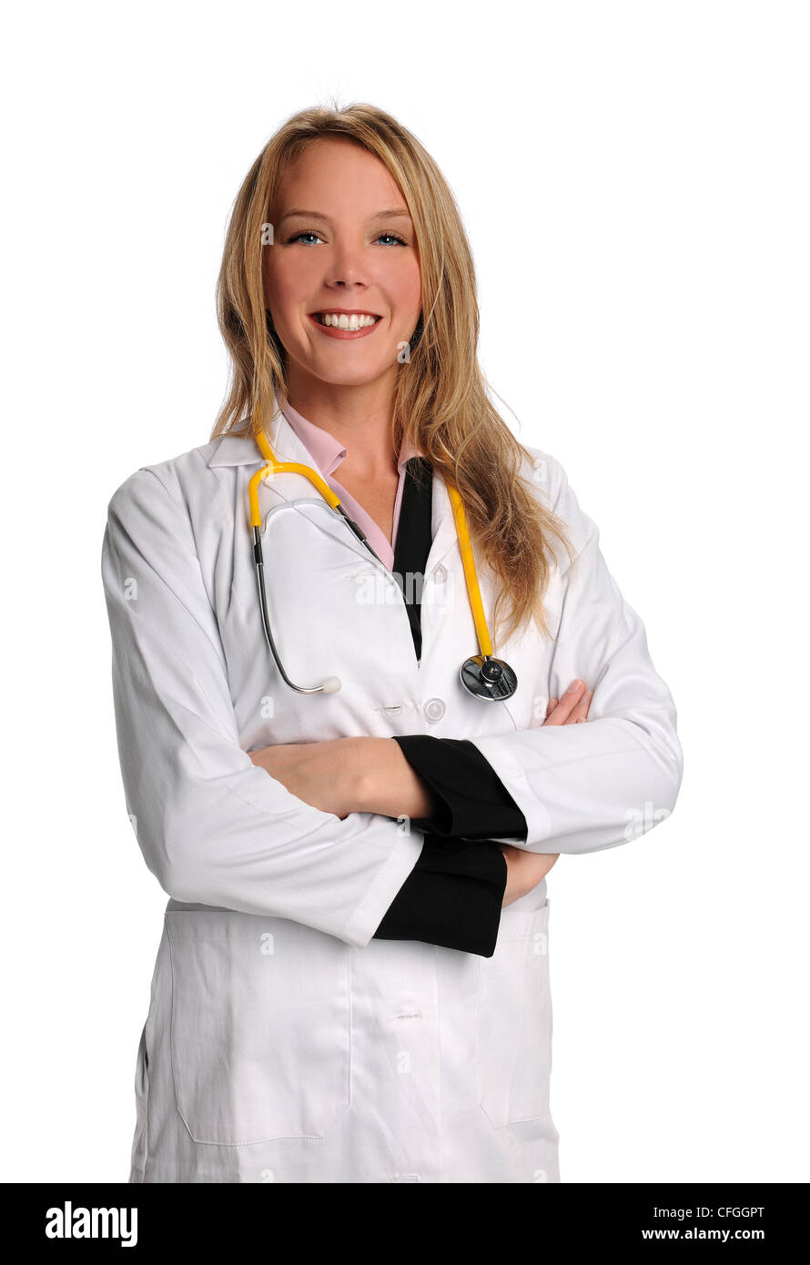 Ritratto di bellissima femmina medico o infermiere sorridente isolate su sfondo bianco Foto Stock
