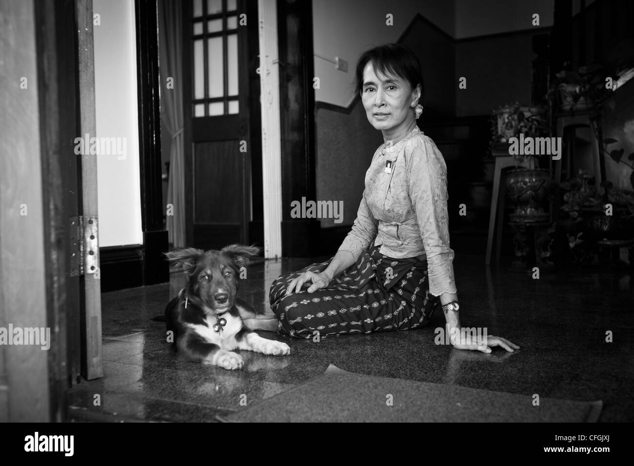 Aung San Suu Kyi, cancelliere di Stato del Myanmar il governo e i leader della Lega nazionale per la democrazia partito (NLD) nella sua casa di Yangon MYANMAR Birmania. Ella è con il suo cane Tai Chi punta che era un regalo dal suo figlio Kim Aris Foto Stock