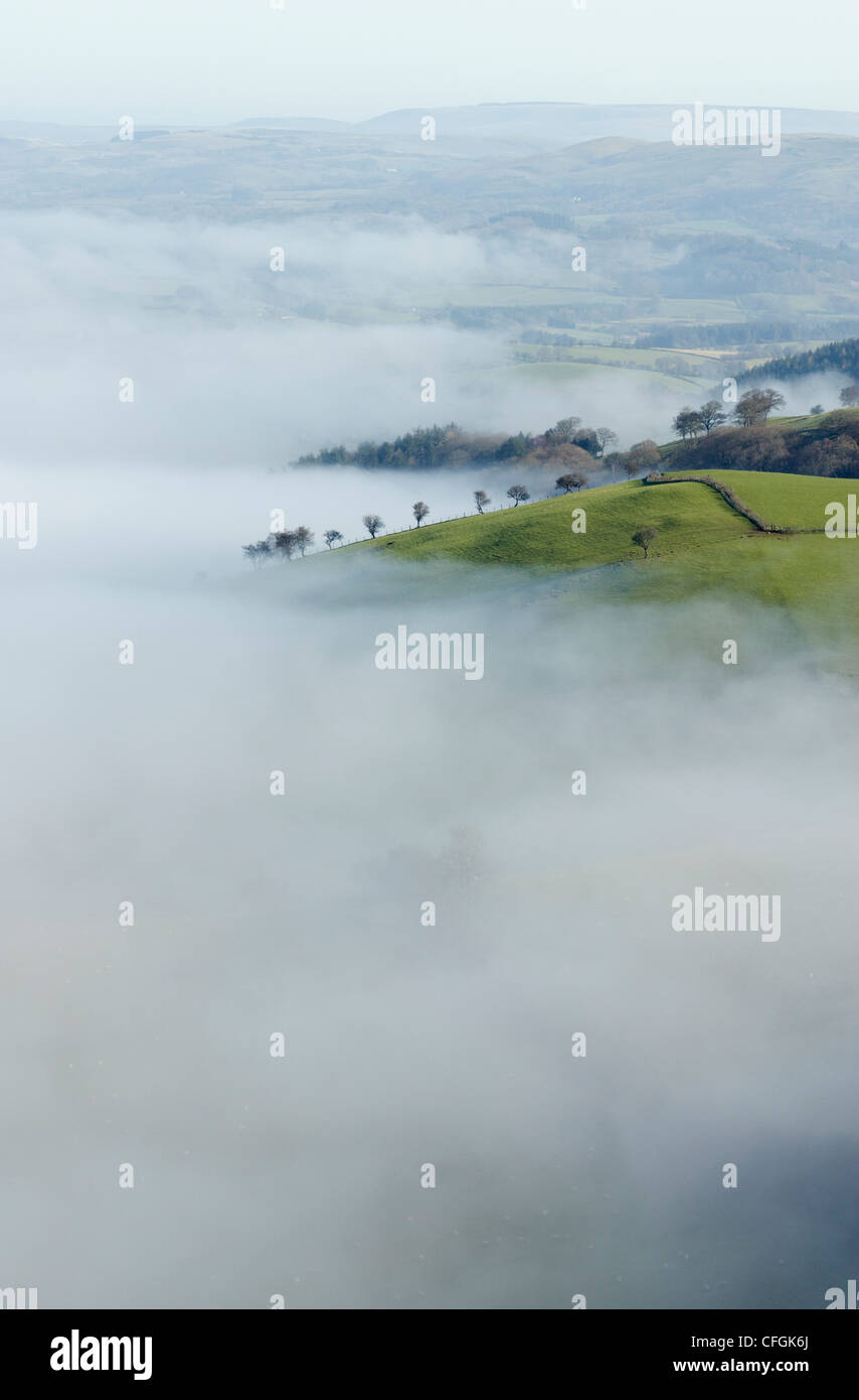 Misty valli sottostanti il Mynydd Epynt colline nel Galles centrale, POWYS REGNO UNITO. Foto Stock