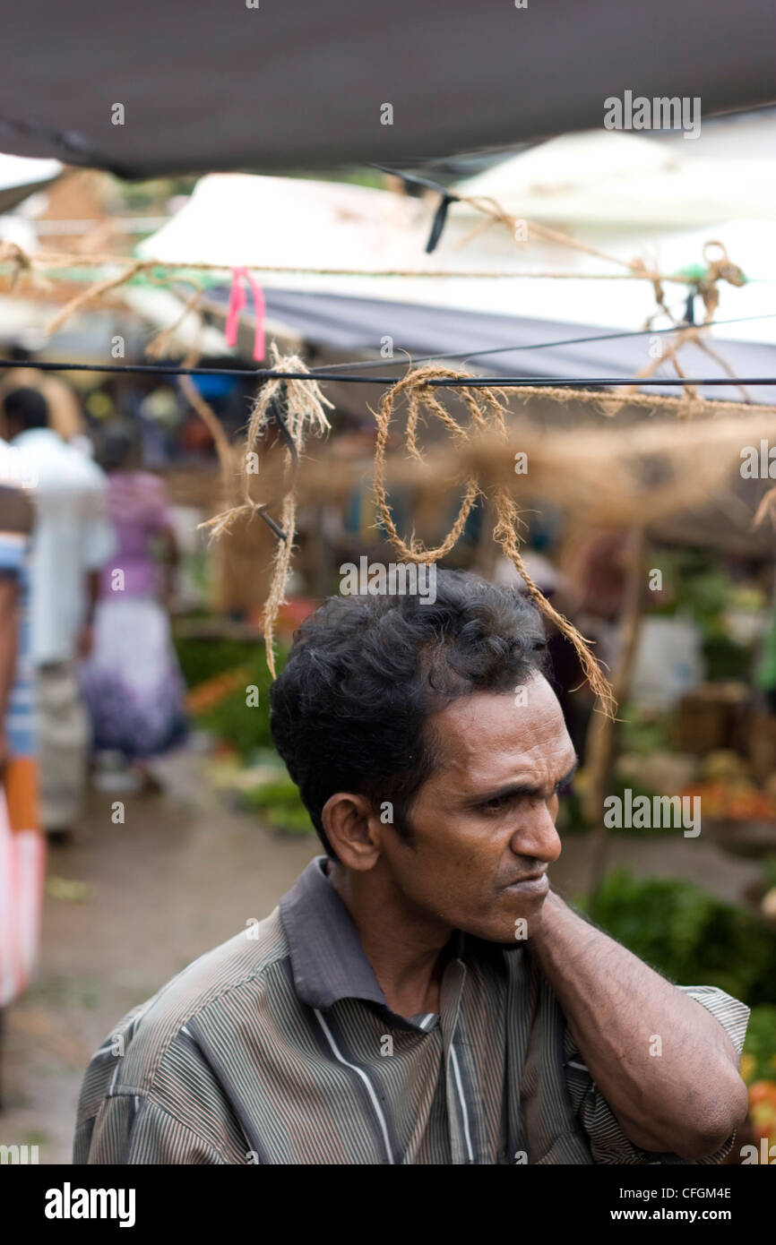 Uomo al lavoro nel mercato ortofrutticolo Sri Lanka Foto Stock