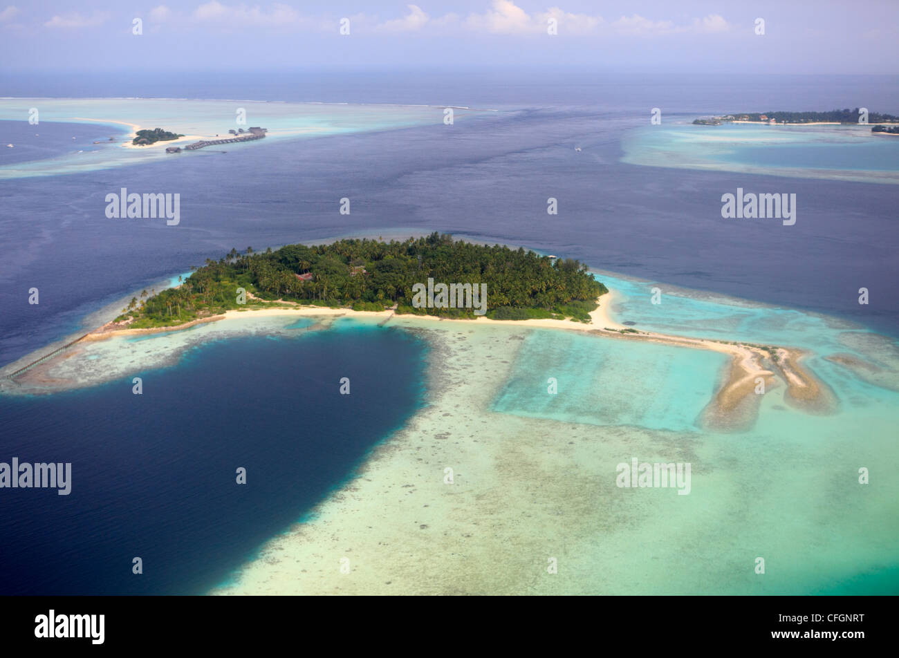 Vista aerea di un isola maldiviana, Maldive Foto Stock