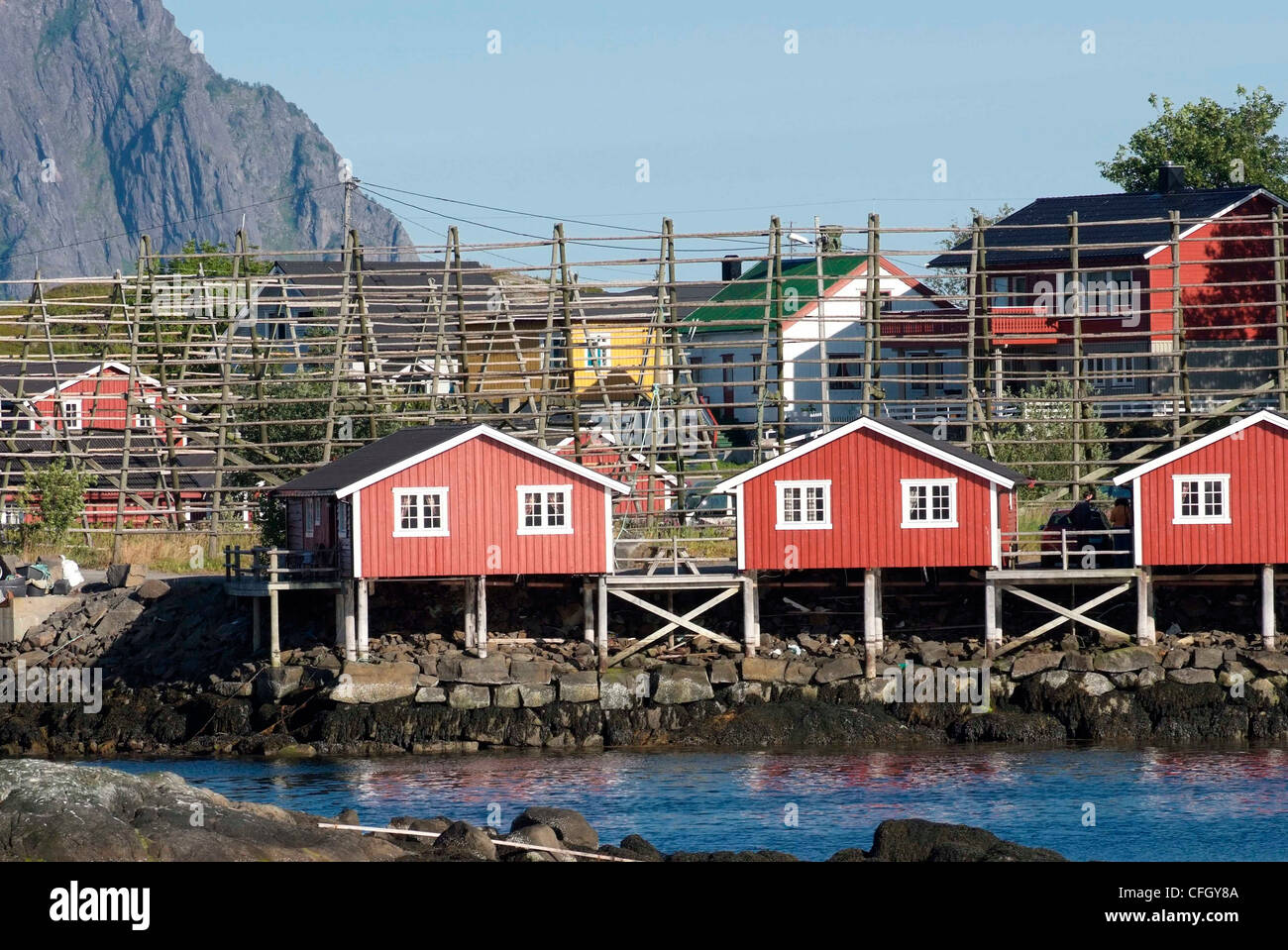 Norvegia Isole Lofoten Svolvaer - isola del gruppo di case di capitale, pesce rack di asciugatura. Foto Stock