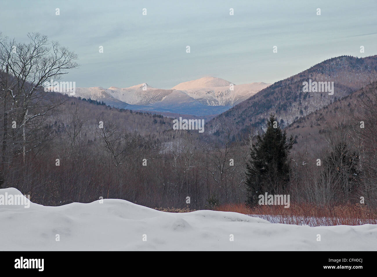 Un inverno di vista delle montagne bianche da Crawford tacca State Park, New Hampshire Foto Stock