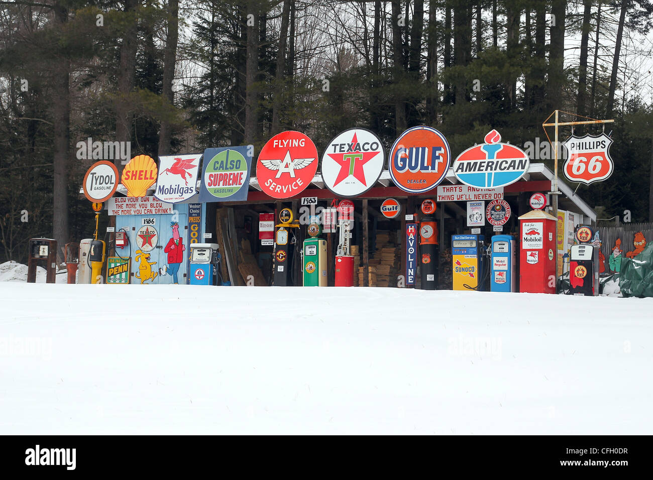 Una colorata collezione vintage di pompe di gas in prossimità di un New Hampshire home Foto Stock