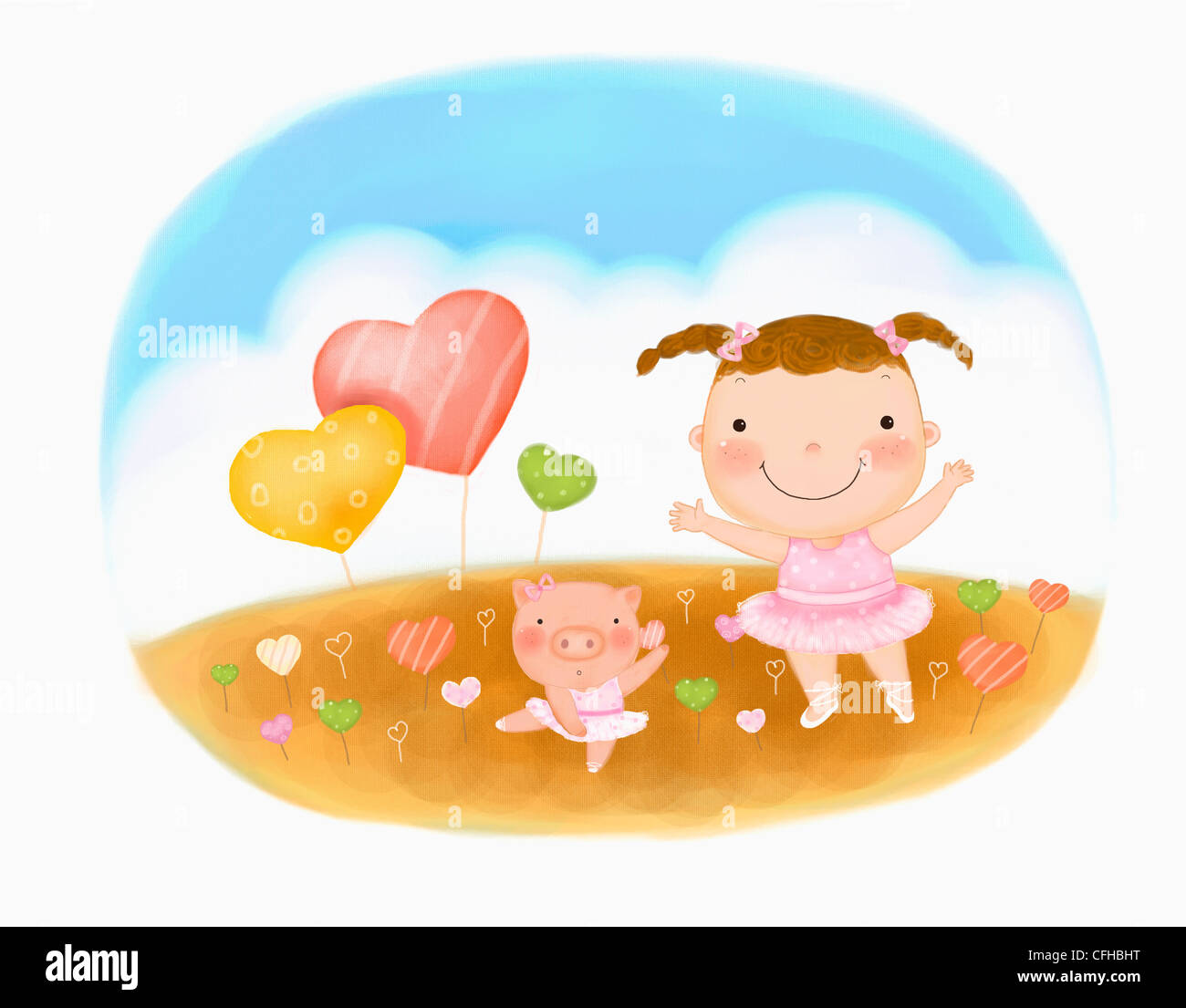 La ragazza e il maiale indossare gonna balletto sul terreno Foto Stock