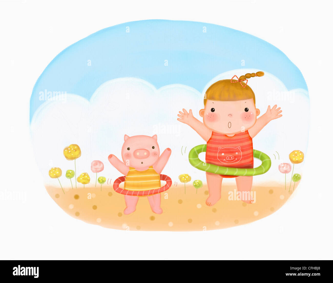 La ragazza e il maiale facendo hula hoops Foto Stock