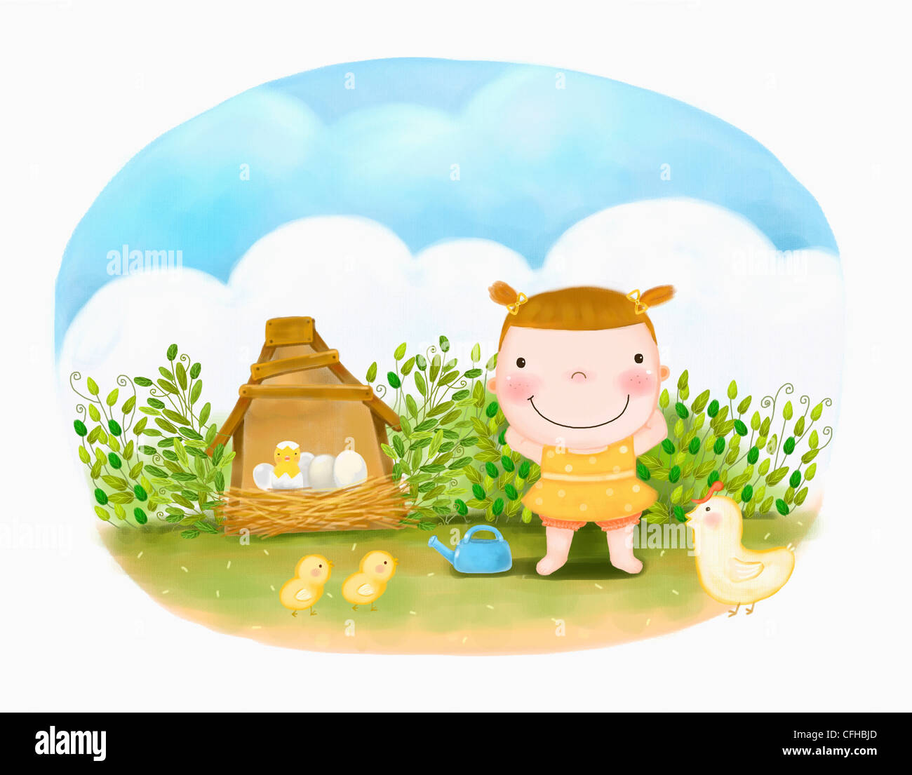 La ragazza, gallina e pulcino giallo con l'erba Foto Stock