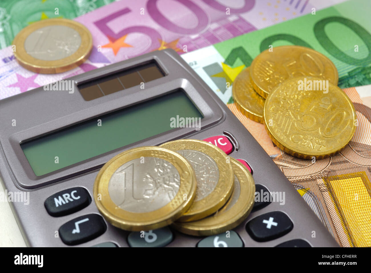 Valuta Euro e calcolatrice finanziaria Foto Stock