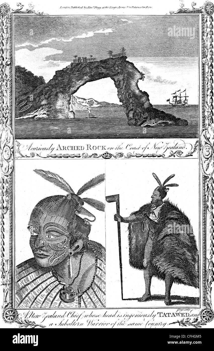 Maori in un tardo XVIII secolo incisione: un capo a sinistra è il 'ingegnosamente Tatawed" accanto a "ubaltern Warrior" Foto Stock