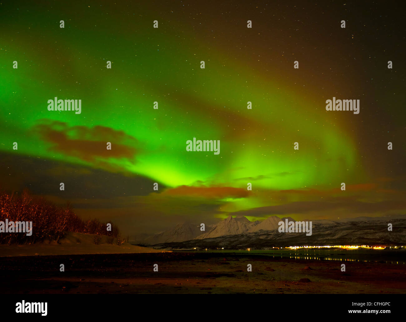 Aurora boreale o luci del nord vede oltre le Alpi Lyngen e Ullsfjord, Troms, Nord della Norvegia, Europa Foto Stock