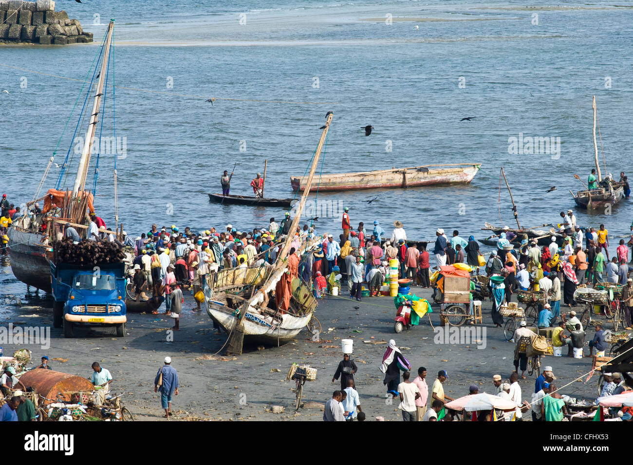 Persone che acquistano il pesce fresco da barche da pesca presso il cantiere navale in Stone Town Zanzibar Tanzania Foto Stock