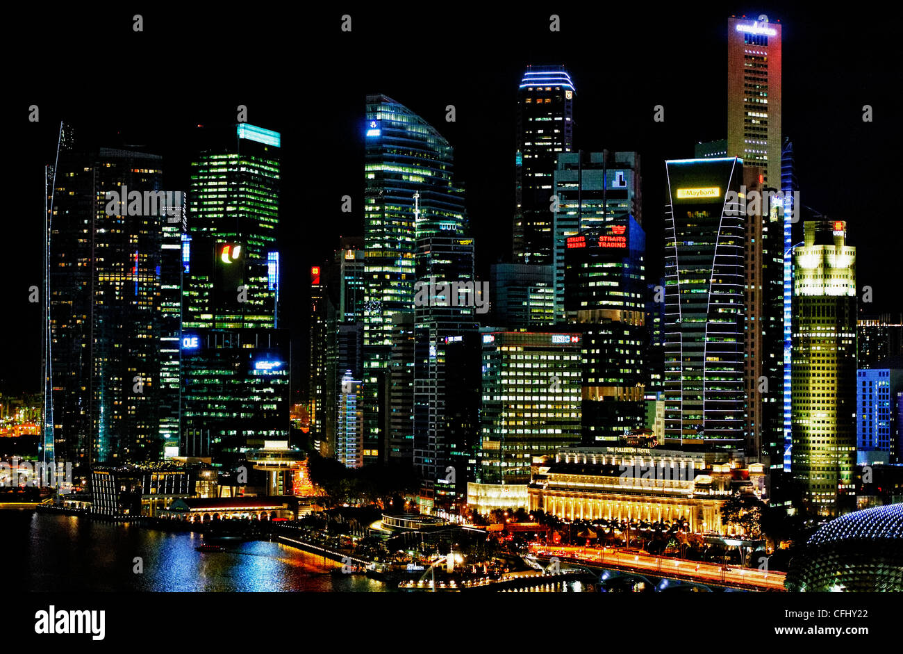 Singapore quartiere finanziario centrale di notte Foto Stock