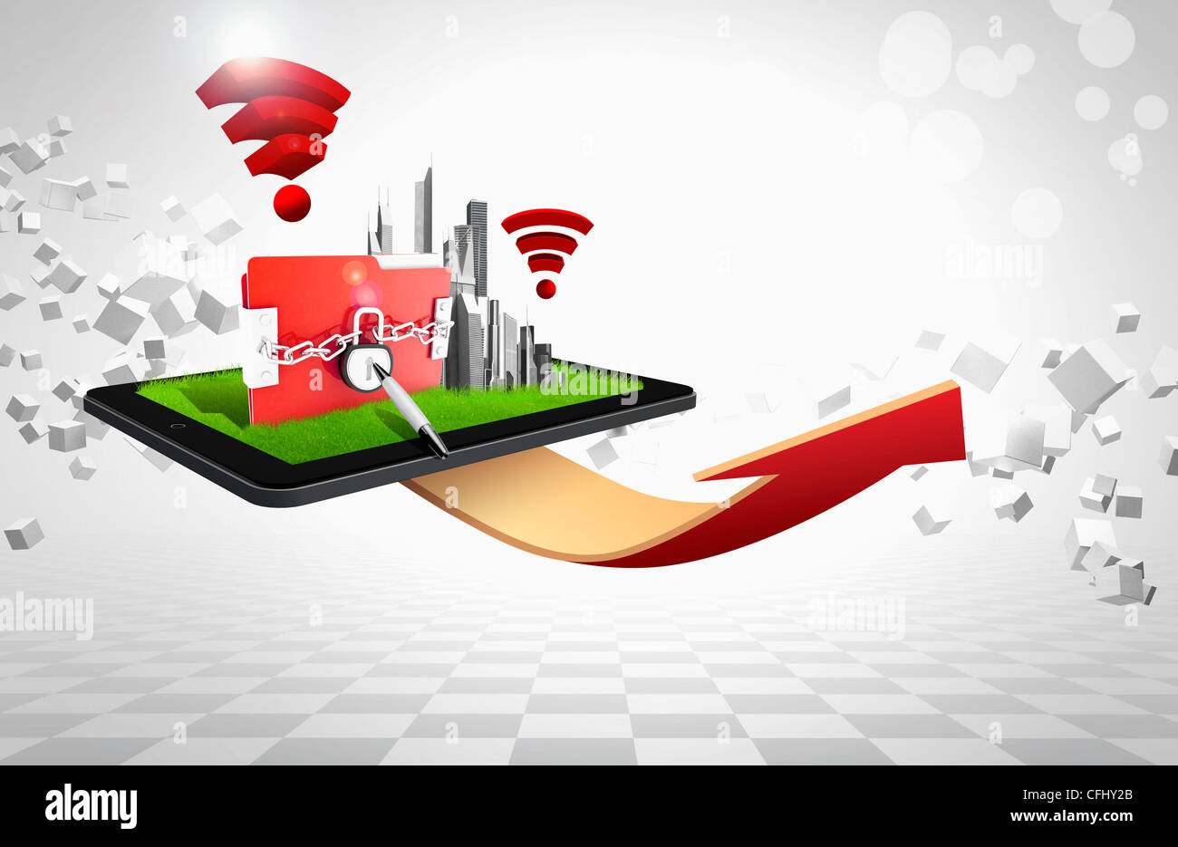 Il documento bloccato e costruire sul tablet PC con rising freccia rossa Foto Stock