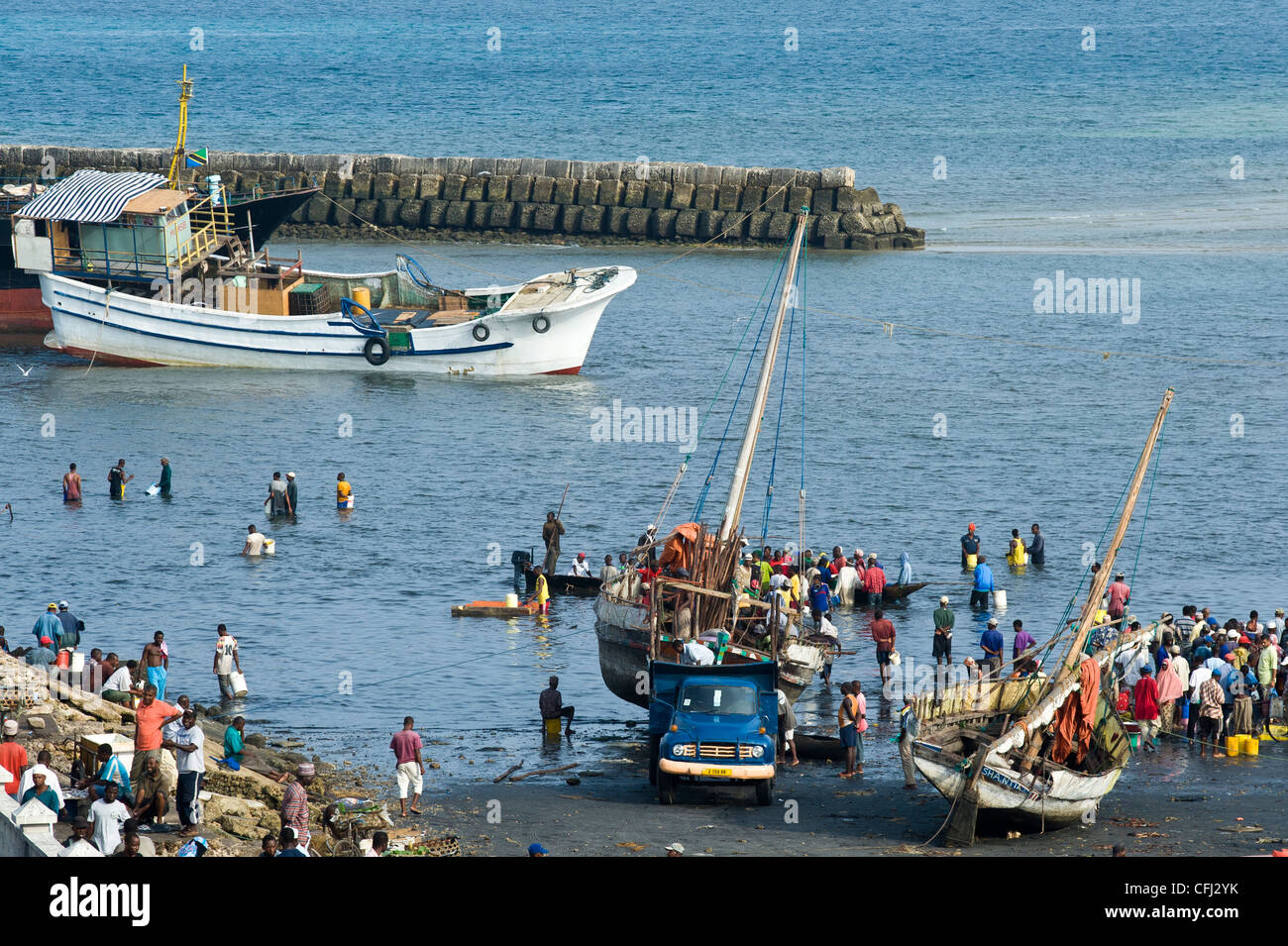 Persone che acquistano il pesce fresco da barche da pesca presso il cantiere navale in Stone Town Zanzibar Tanzania Foto Stock