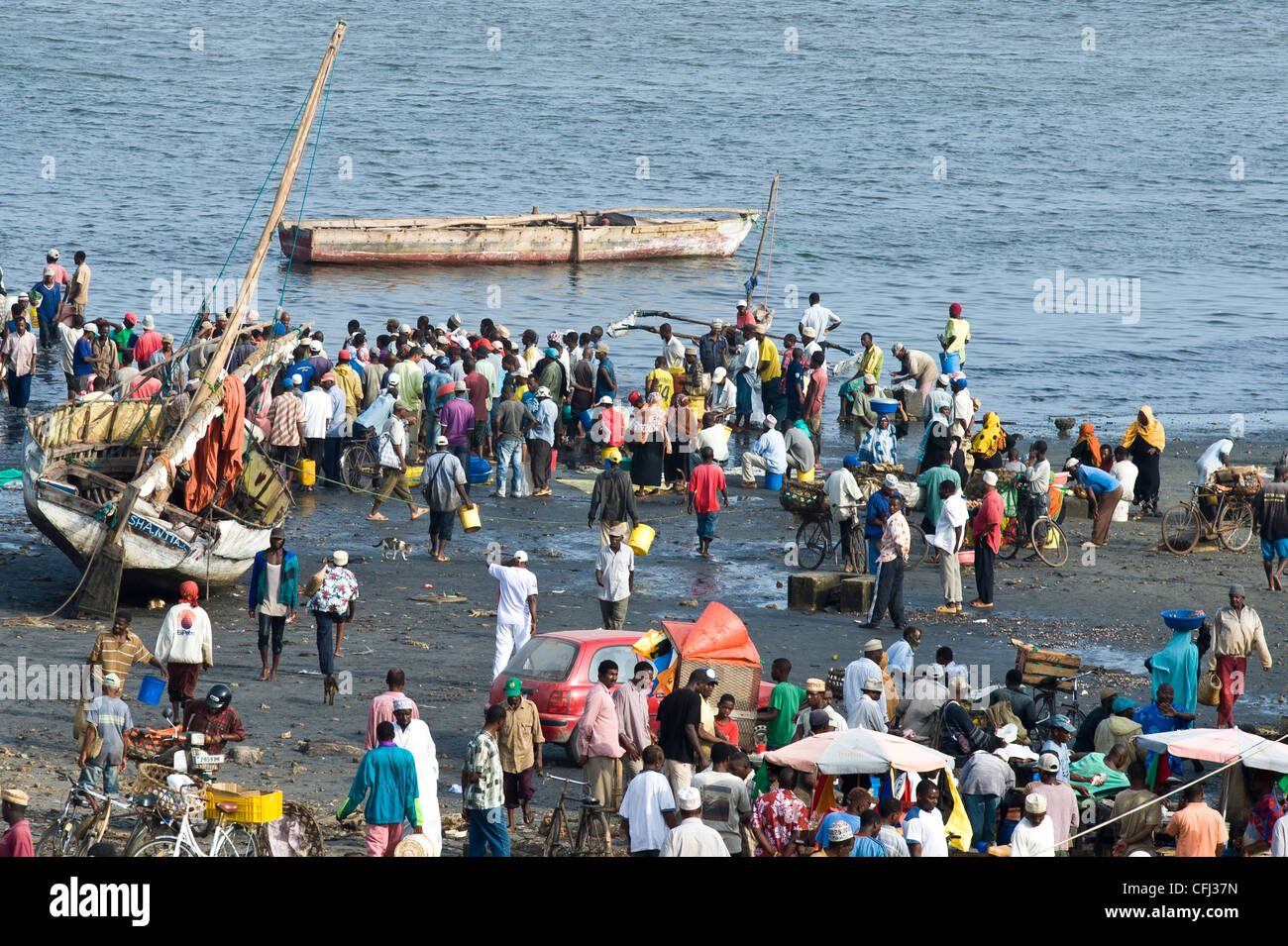 Persone che acquistano il pesce fresco da barche da pesca presso il cantiere navale in Stone Town Zanzibar Tanzania Foto Stock