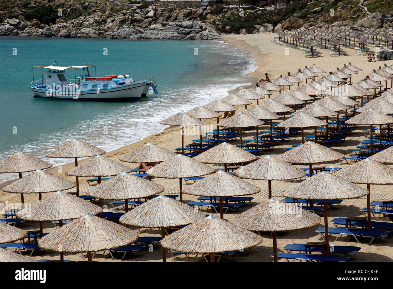 Paradise Beach, Mykonos, Cicladi, isole greche, Grecia, Europa Foto Stock