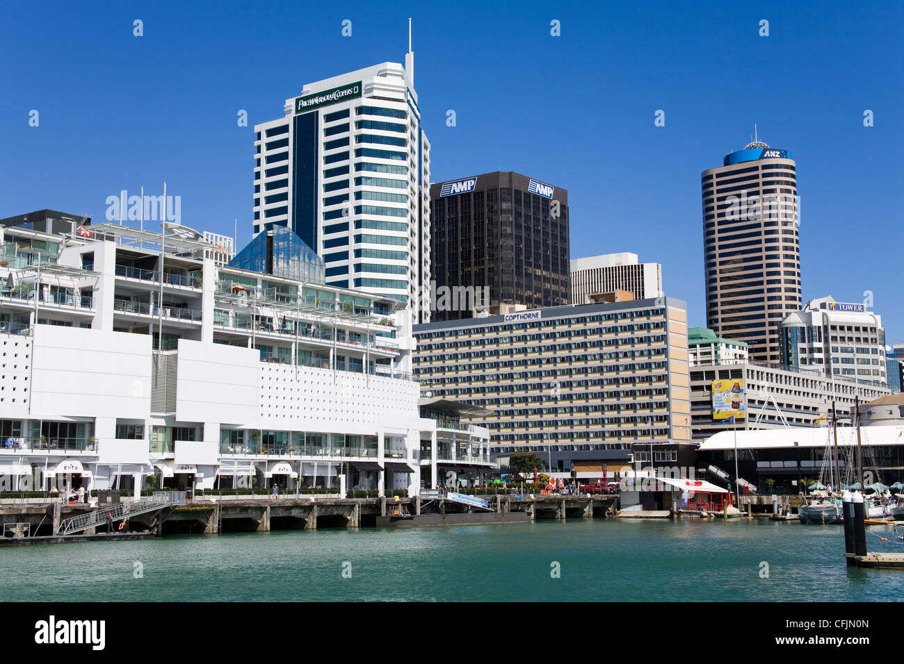 Princes Wharf e dello skyline della città, il quartiere centrale degli affari di Auckland, Isola del nord, Nuova Zelanda, Pacific Foto Stock