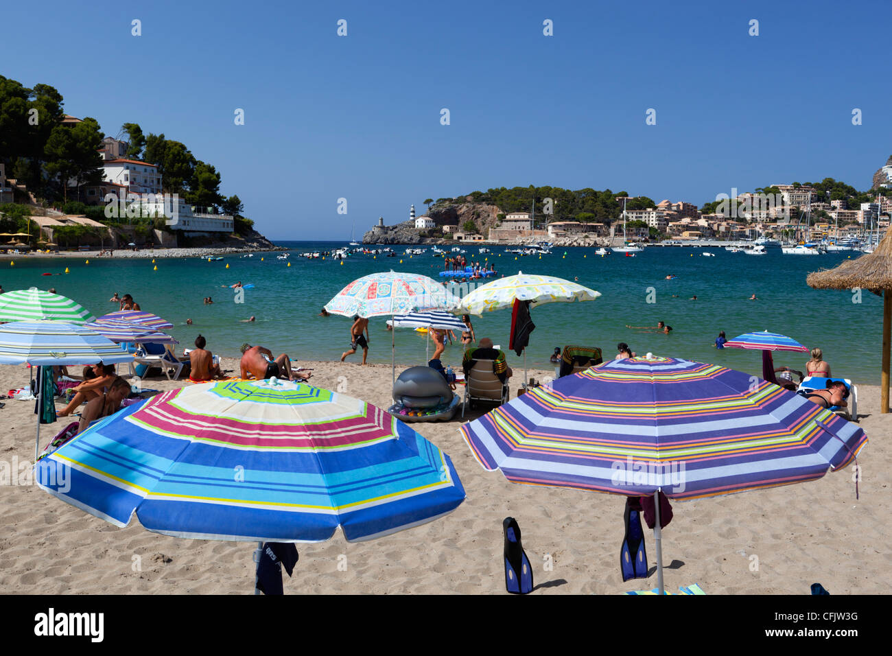 Vista sulla spiaggia, il Port de Soller Maiorca (La Maiorca, isole Baleari, Spagna, Mediterraneo, Europa Foto Stock