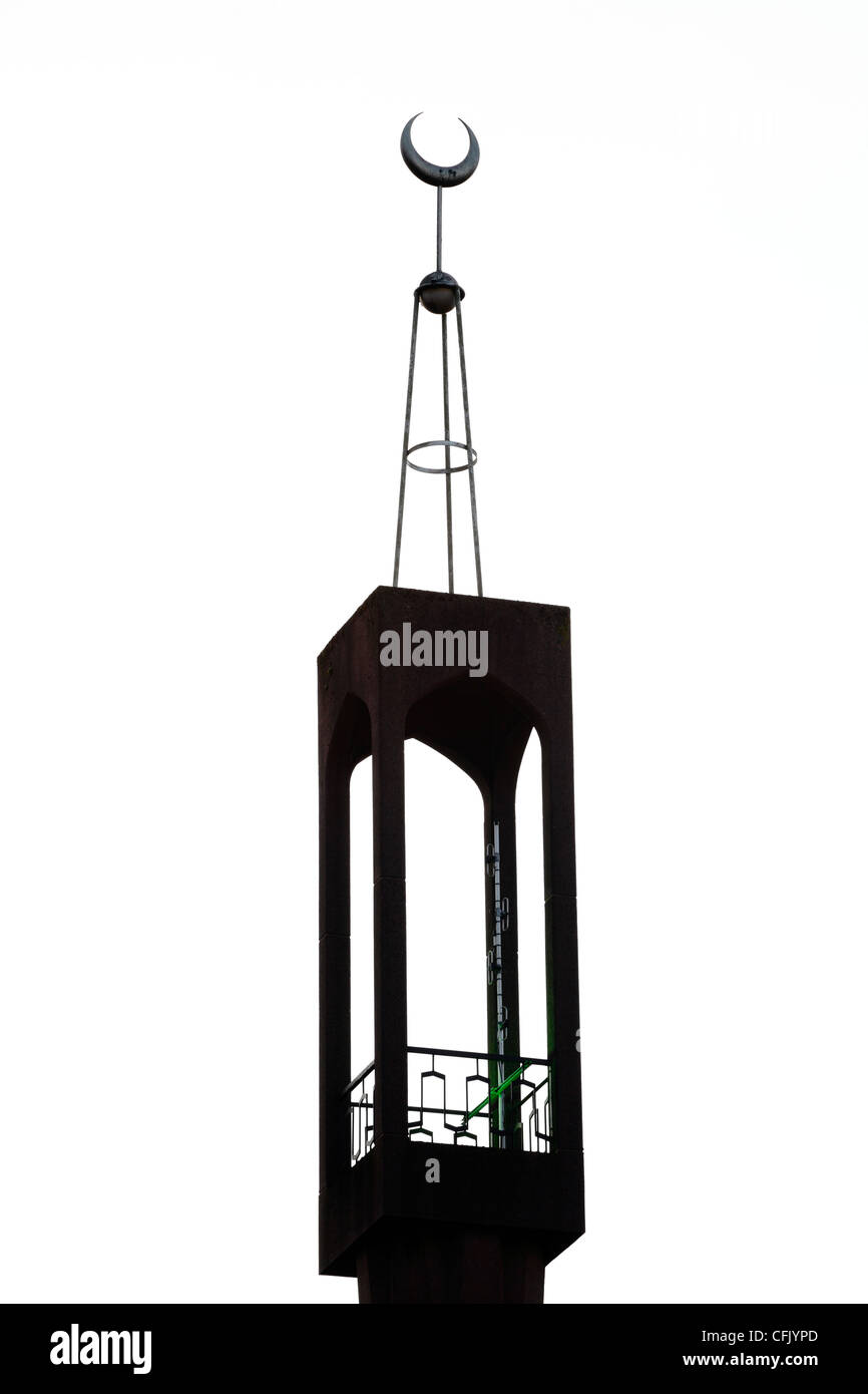 Minaret silhouette presso la Moschea Centrale di Glasgow e il Centro Islamico, Mosque Avenue, Glasgow, Scozia, Regno Unito Foto Stock
