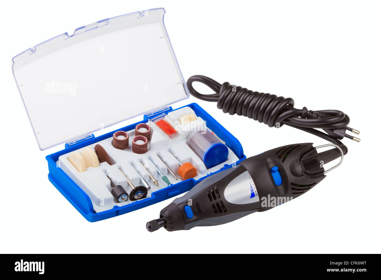 Macchina per incisione e set di accessori isolati su sfondo bianco Foto Stock