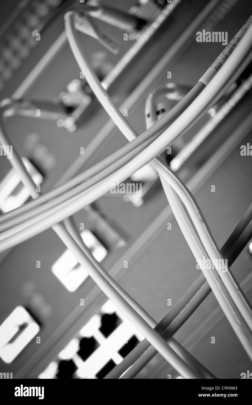 Cavi a fibre ottiche collegato al centro di dati Foto Stock