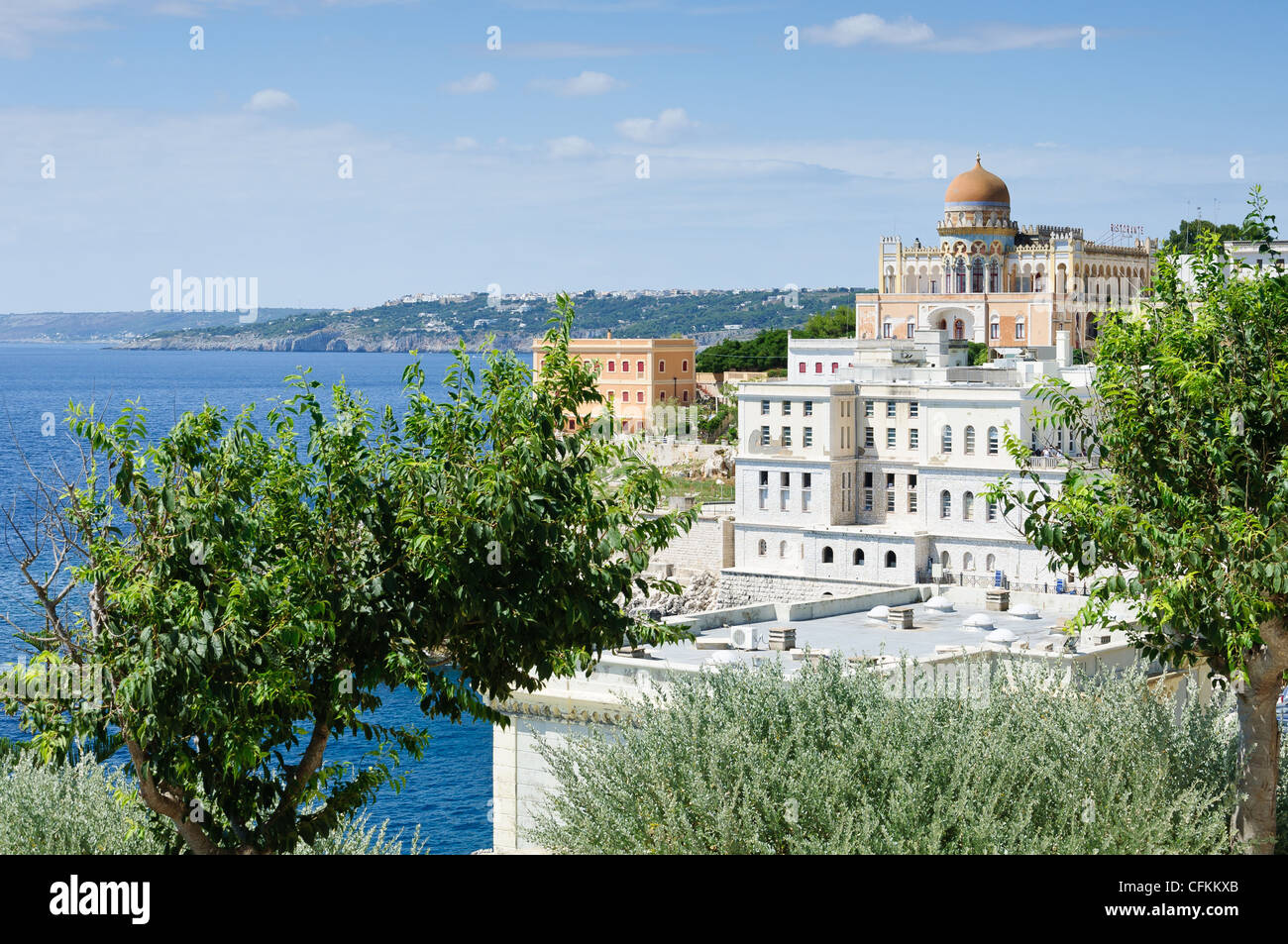 Villa Mediterranea e alcune case bianche sulla costa sud dell'Italia. Foto Stock