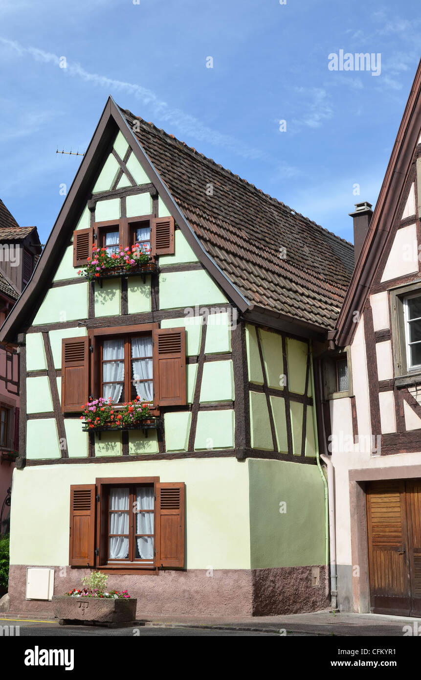 Colorate case dipinte nello storico villaggio di Ribeauville, nella regione francese dell'Alsazia Foto Stock
