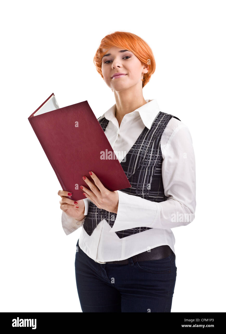 Femmina studente universitario sorridente e trasportare notebook - isolato su uno sfondo bianco Foto Stock
