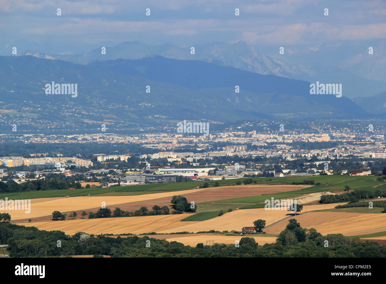 Vista del cantone di Ginevra con la sua città e zona rurale, Svizzera Foto Stock