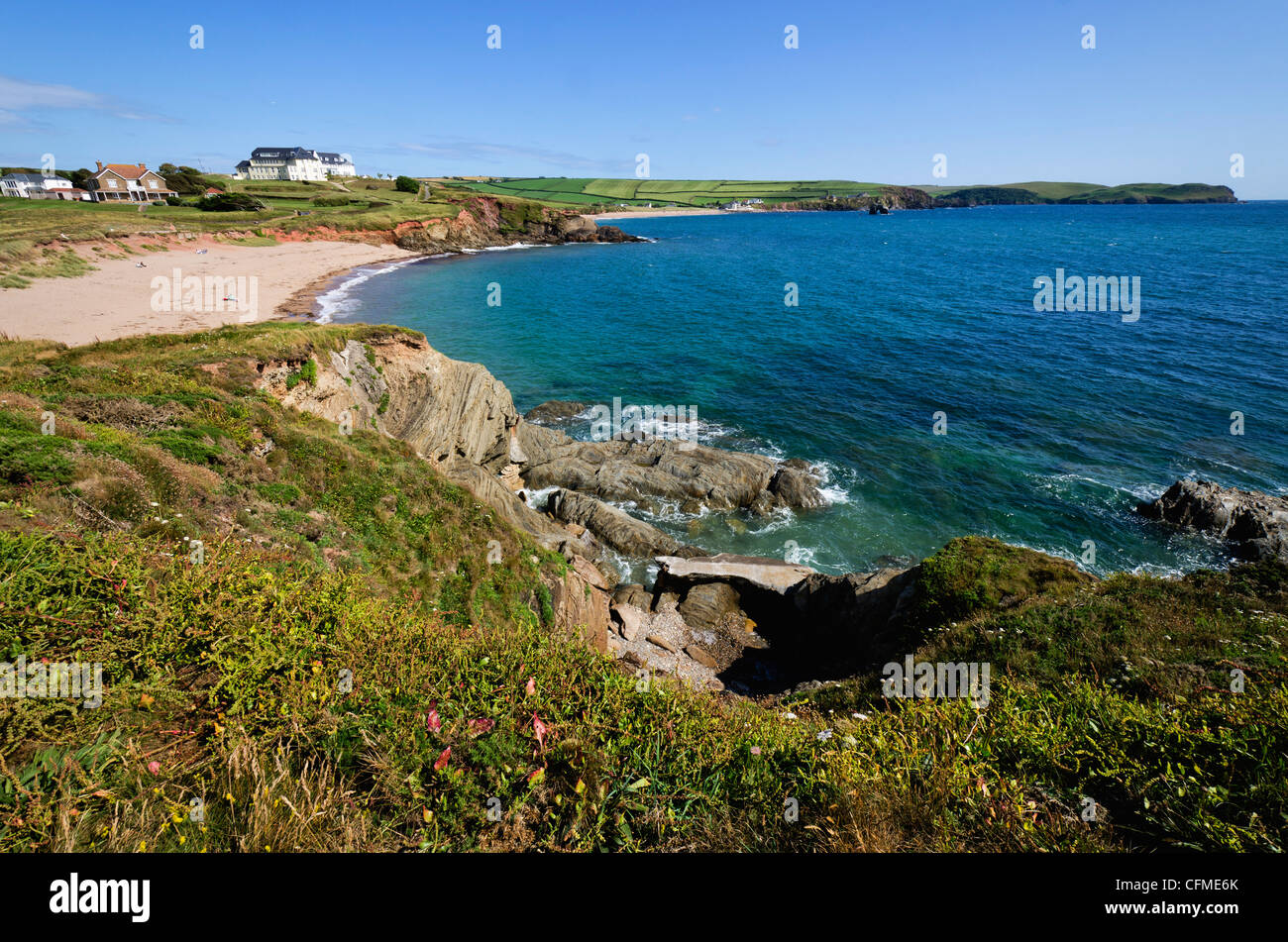 Vista dal South Devon Coast path, Thurlestone, Sud Milton, Sud prosciutti, Devon, Inghilterra, Regno Unito, Europa Foto Stock