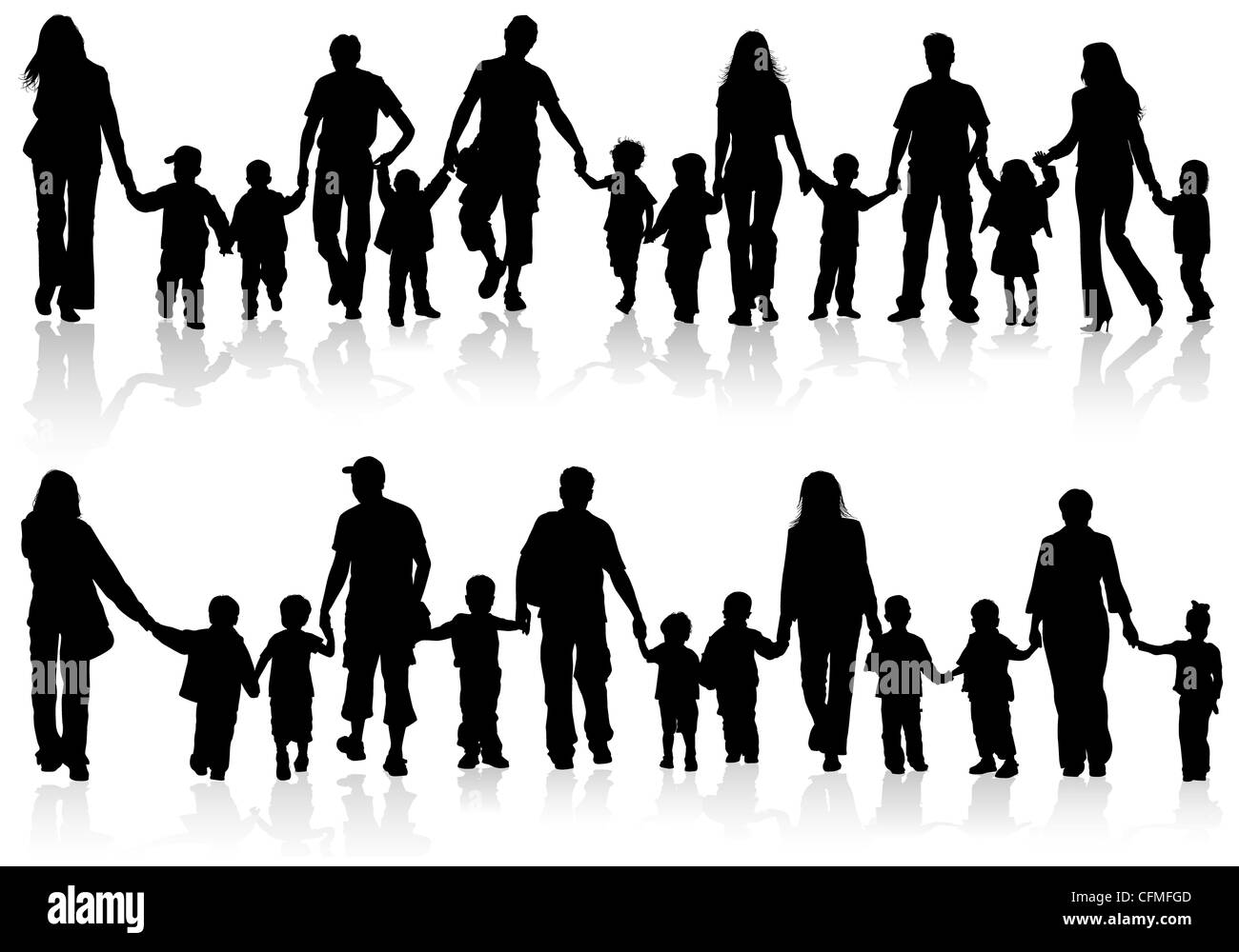 Grande set di sagome di genitori con bambini Holding Hands, illustrazione vettoriale Foto Stock