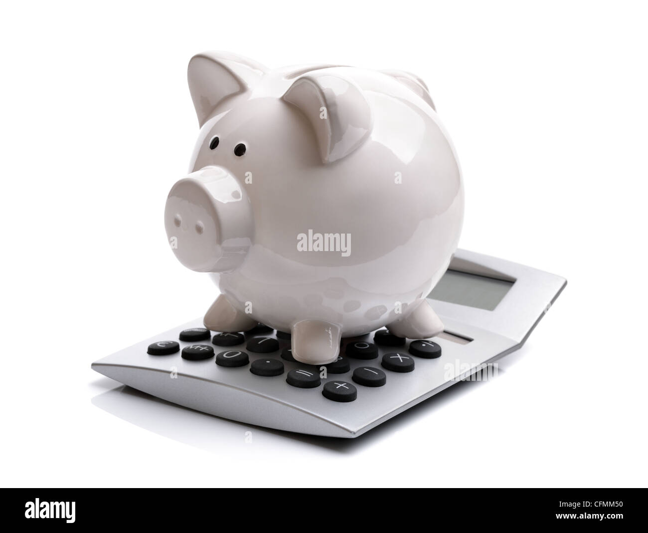 Salvadanaio con la calcolatrice Foto Stock
