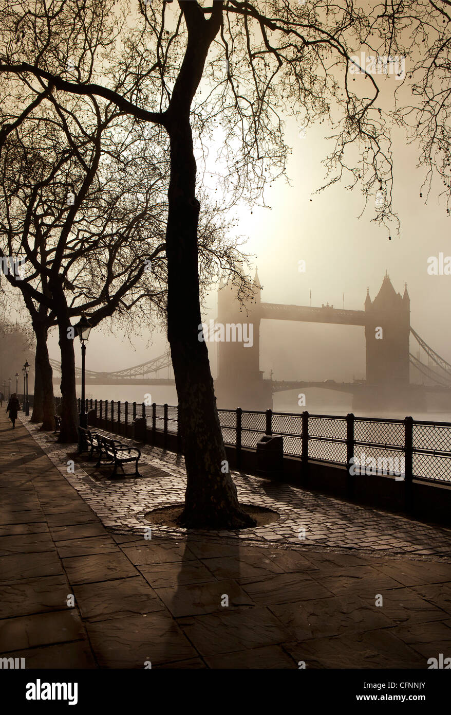 Una vista romantica del Tower Bridge in una nebbiosa mattina, dal Tamigi pathway Foto Stock