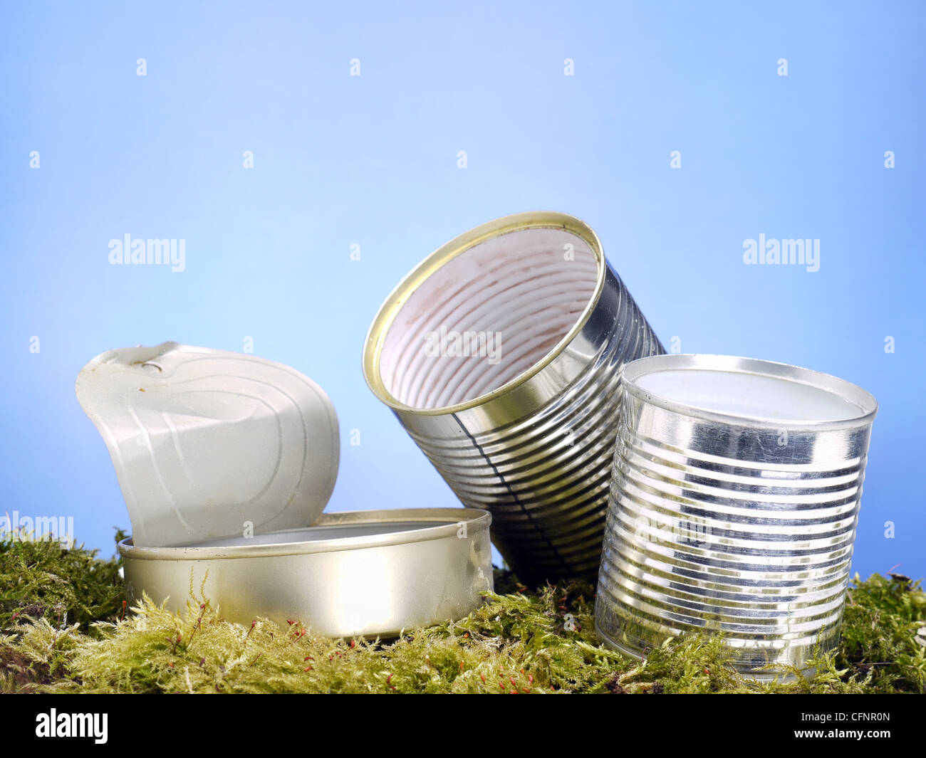 Svuotare le lattine per conserve in erba oltre il cielo blu Foto Stock