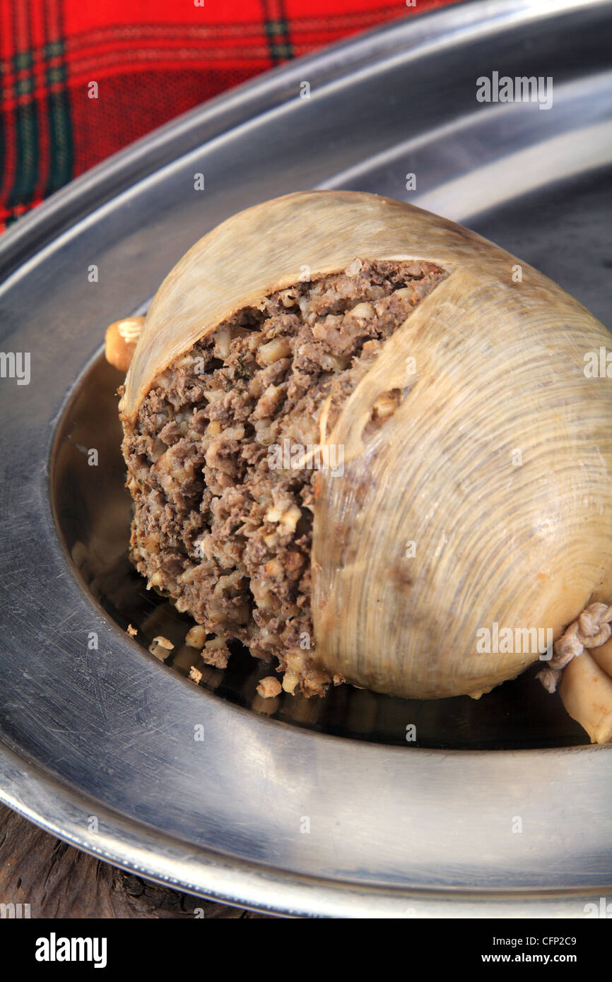 Scottish Haggis cotta e tagliata aperta su un piatto di portata Foto Stock