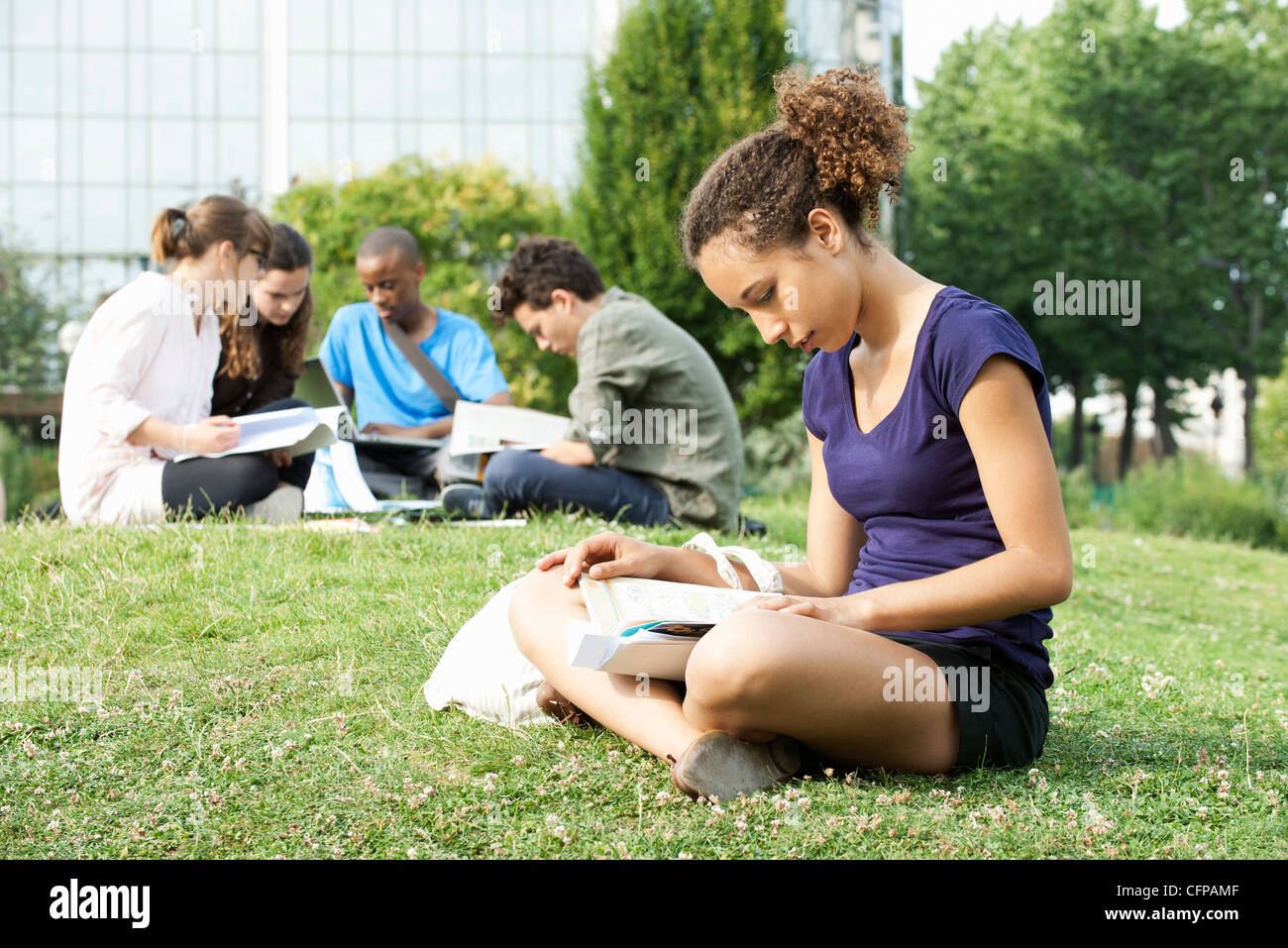 Giovane donna libro di lettura su erba, gruppo di giovani in background Foto Stock