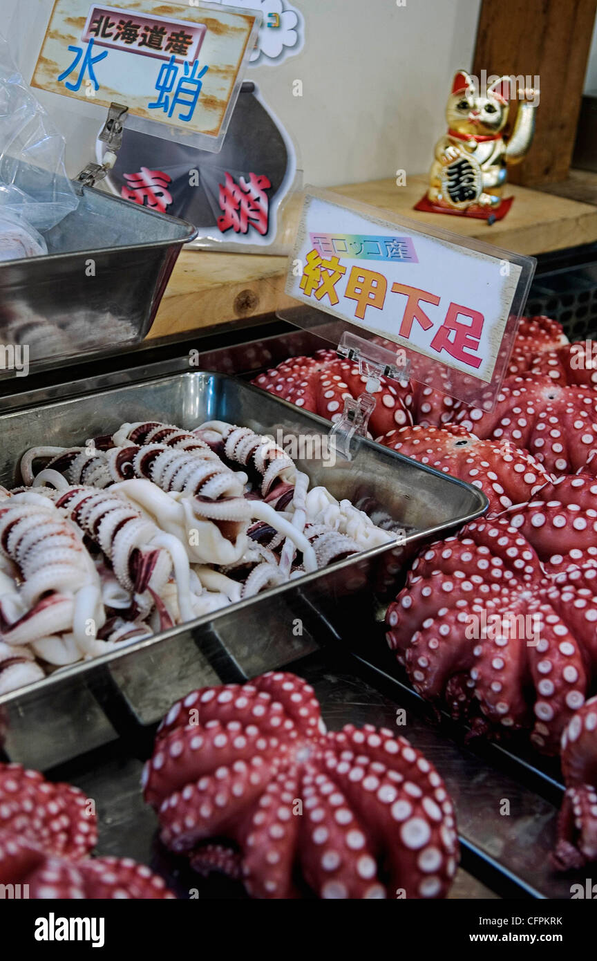 Tentacoli di polpo, Tsukiji Central Fish Market, Tokyo, Giappone Foto Stock