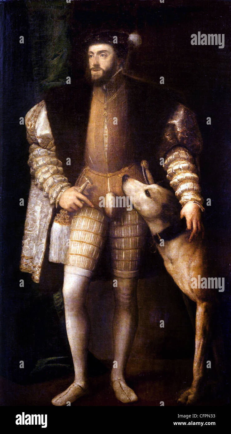 Tiziano Ritratto di Carlo Quinto (V) 35 anni con il suo cane Sampère Museo del Prado - Madrid Foto Stock