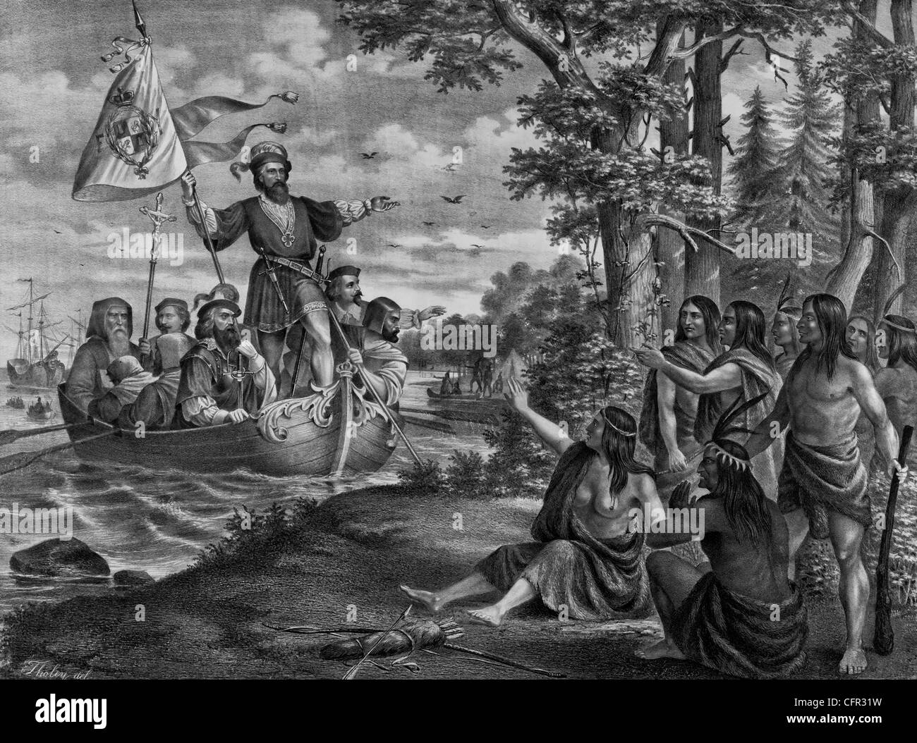 Lo sbarco di Cristoforo Colombo in America, a San Salvador, 12 Ottobre 1492 Foto Stock