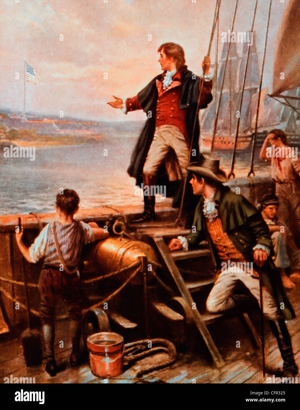 Francis Scott Key permanente sulla barca, con il braccio destro disteso verso gli Stati Uniti bandiera sorvolano Fort McHenry, Baltimore, Maryland, durante la guerra di 1812 Foto Stock