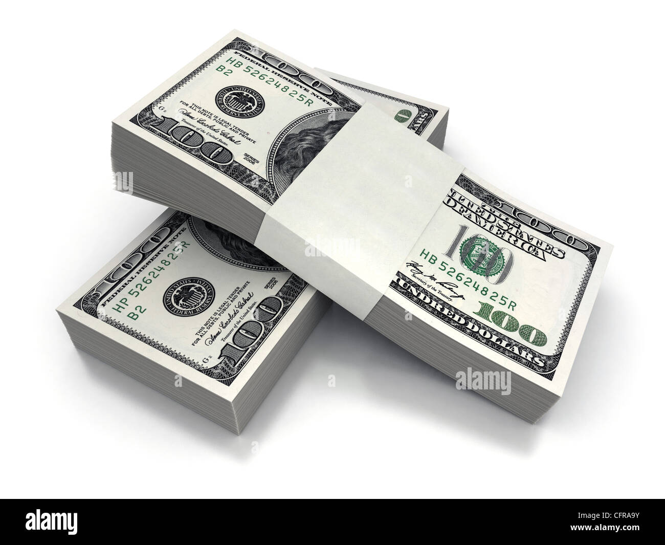 Molti soldi su uno sfondo bianco (fatto in 3d) Foto Stock