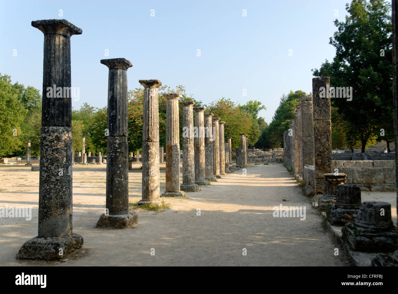 Olympia. Peloponneso. La Grecia. Vista di una sezione del colonnato dorico del Palaestra, datata al terzo secolo A.C. Foto Stock