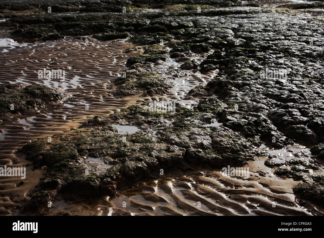 Le sabbie e argille ha rivelato a bassa marea a Stiffkey Freshes, Norfolk, Inghilterra, Regno Unito. Foto Stock
