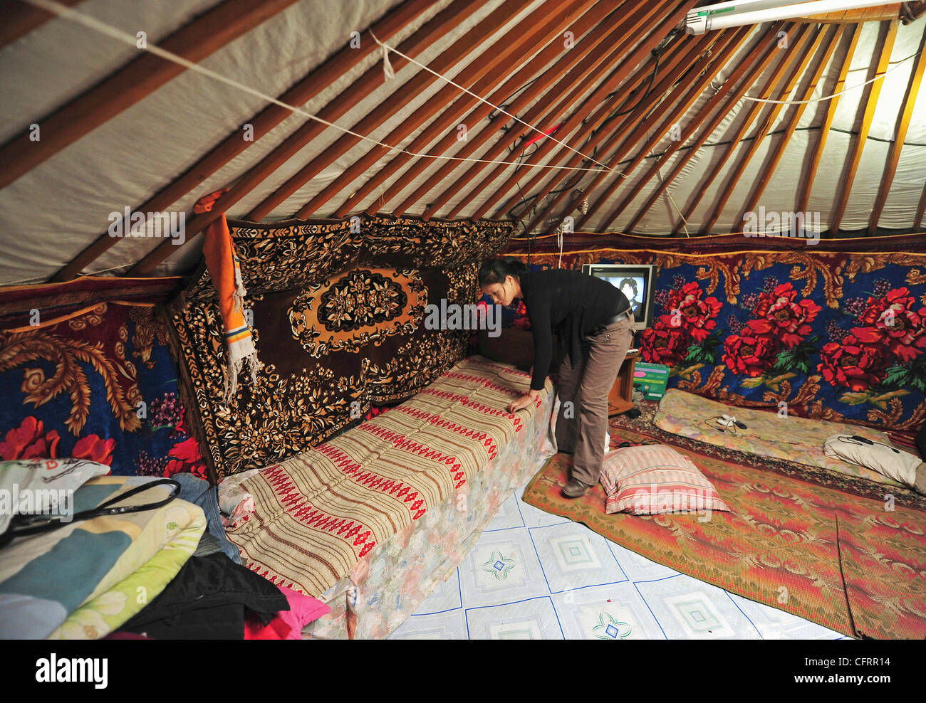 Mongolia, quartiere Baganuur entroterra, vista laterale di metà donna adulta la piegatura di divano in yurta Foto Stock