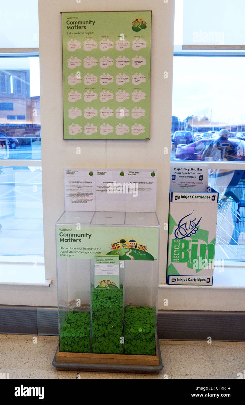 Le associazioni di beneficenza locali che beneficiano di sponsorizzazione da parte di Waitrose, Newmarket Suffolk REGNO UNITO Foto Stock