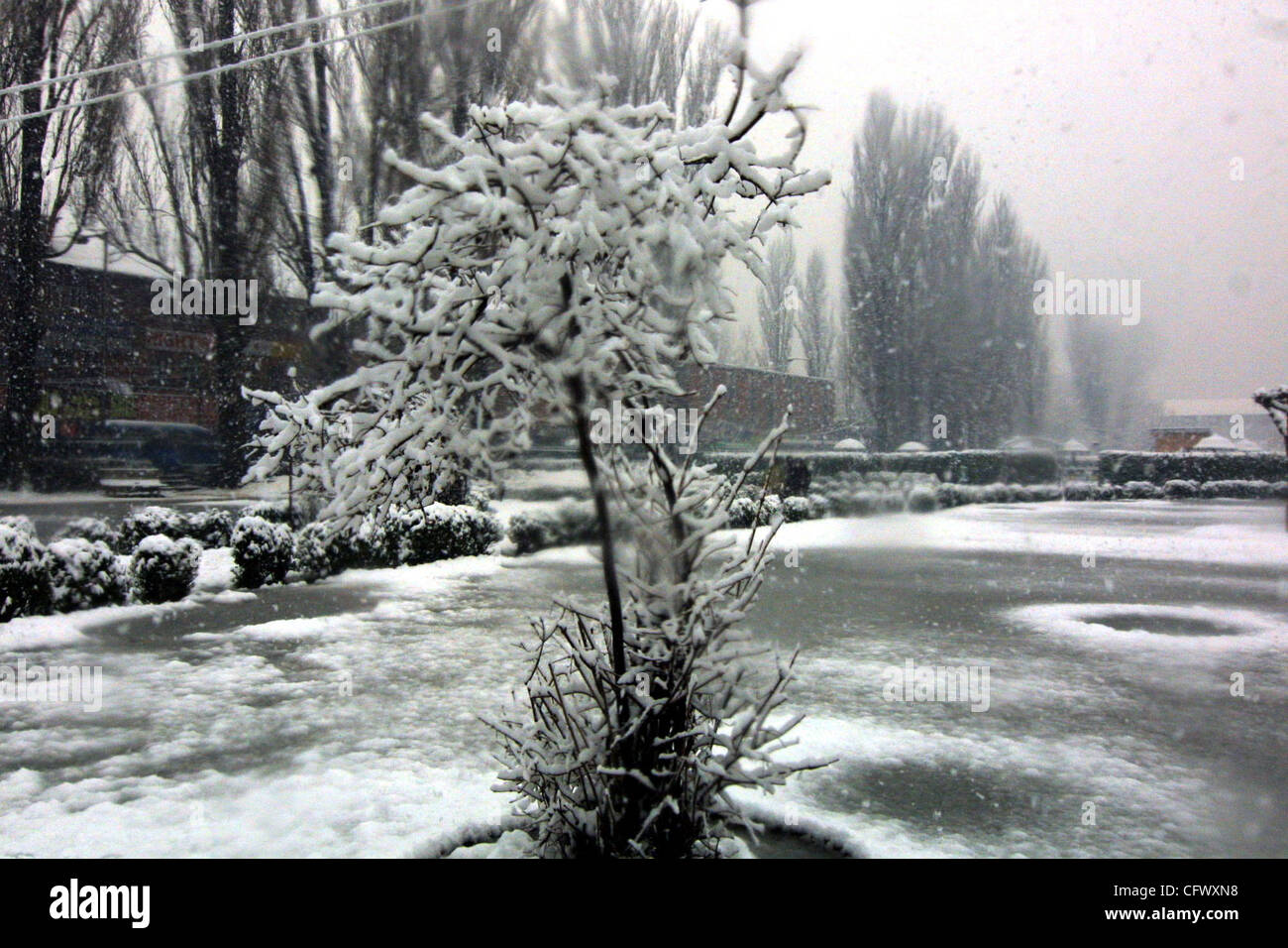 Popolo del Kashmir a piedi come nevica a Srinagar, India, lunedì 12 marzo, 2007. Freddo intenso condizioni inghiottito la valle del Kashmir lunedì seguente da moderata a forte nevicata in più parti della regione. Il Jammu-Srinagar autostrada nazionale è rimasto chiuso per la seconda giornata di oggi disturbi vehicular Foto Stock