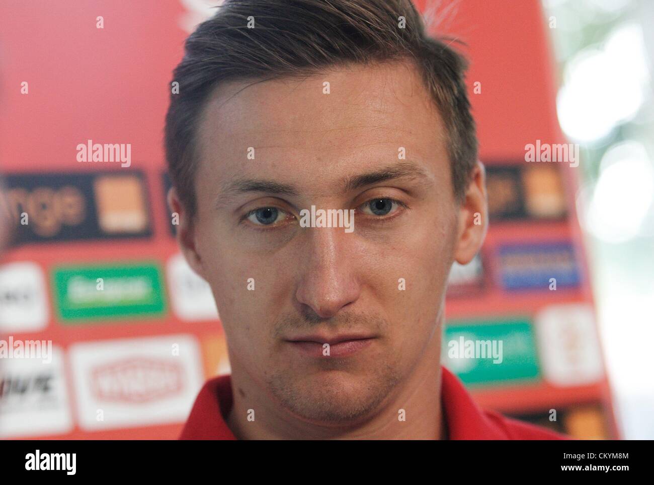 Gdansk, Polonia 4th, settembre 2012 conferenza stampa durante il polacco National Football Team redying in Polonia v Montenegro gioco, che si svolgerà il 7 settembre in Montenegro. Il portiere Przemyslaw Tyton prende parte alla conferenza stampa Foto Stock