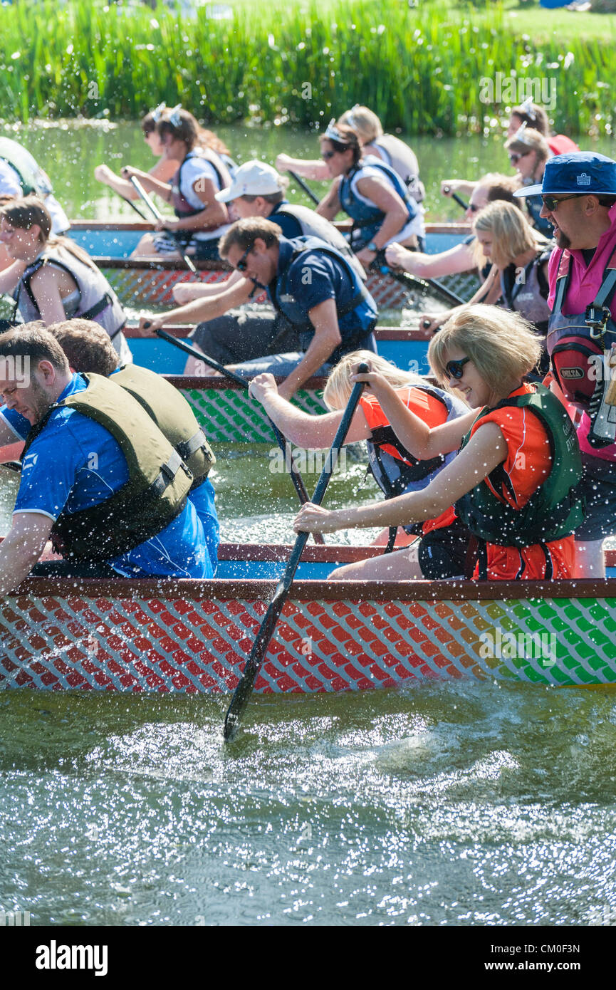 CAmbridge, Regno Unito. 8 settembre 2012. I concorrenti godetevi il tempo di fine estate a Cambridge Dragon Boat Festival, sul fiume Cam a Fen Ditton Cambridge Regno Unito, 8 settembre 2012. Una cinquantina di equipaggi provenienti da organizzazioni locali hanno preso parte a gare paddling 30 piedi cinese lunghe barche drago per raccogliere fondi per la East Anglian bambini Ospizi del. Credito: Julian Eales / Alamy Live News Foto Stock