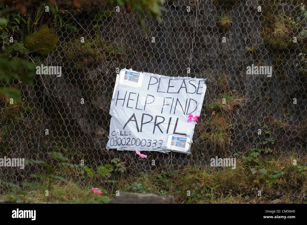 Il 7 ottobre 2012. Ceinws, Machynlleth, segno del Regno Unito all'ingresso del villaggio di Ceinws dove Mark Bridger alloggiato, il settimo giorno di intensa ricerca di 5-year-old aprile Jones. Lei era ultimo visto entrare in una luce colorata van mentre stava giocando sulla sua bicicletta con amici vicino alla sua casa sulla Bry-Y-Gog estate circa 19.00hrs lunedì 1 ottobre 2012. Sospetto che Mark Bridger 46, è stato arrestato il 2 ottobre 2012, e successivamente caricato con il suo assassinio, il rapimento e per questo snaturare il corso della giustizia. Photo credit: Graham M. Lawrence/Alamy Live News. Foto Stock